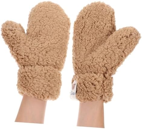 NIYANGLE Furry Girl Knitted Stretch Gloves for Cartoon Mittens in Khaki
