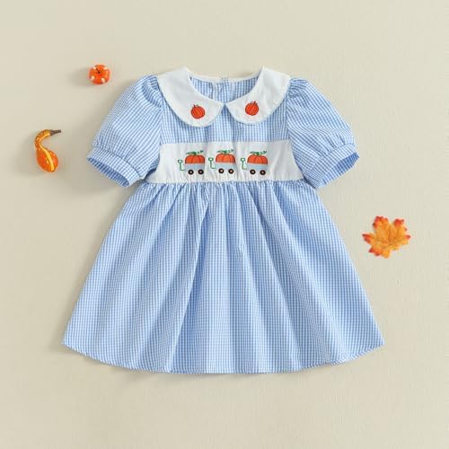 MCHAGIN Kids Baby Girls Short Sleeve Plaid Embroidery Dress