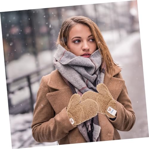 NIYANGLE Furry Girl Knitted Stretch Gloves for Cartoon Mittens in Khaki