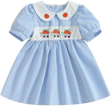 MCHAGIN Kids Baby Girls Short Sleeve Plaid Embroidery Dress