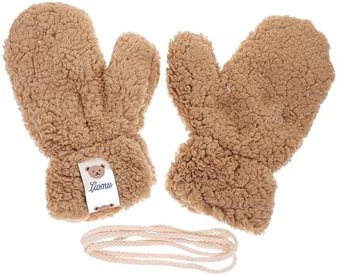 NIYANGLE Furry Girl Knitted Stretch Gloves for Cartoon Mittens in Khaki