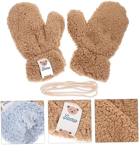 NIYANGLE Furry Girl Knitted Stretch Gloves for Cartoon Mittens in Khaki