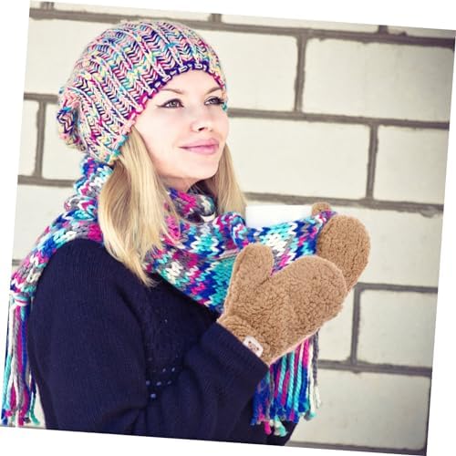 NIYANGLE Furry Girl Knitted Stretch Gloves for Cartoon Mittens in Khaki