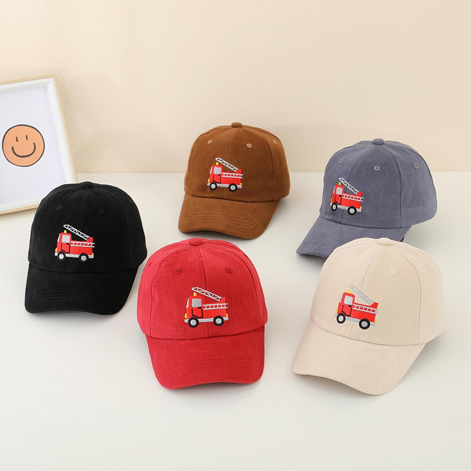 Cute Kids Baseball Cap with Fire Truck Embroidery