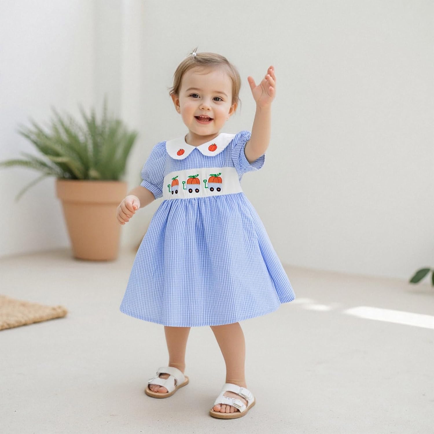 MCHAGIN Kids Baby Girls Short Sleeve Plaid Embroidery Dress
