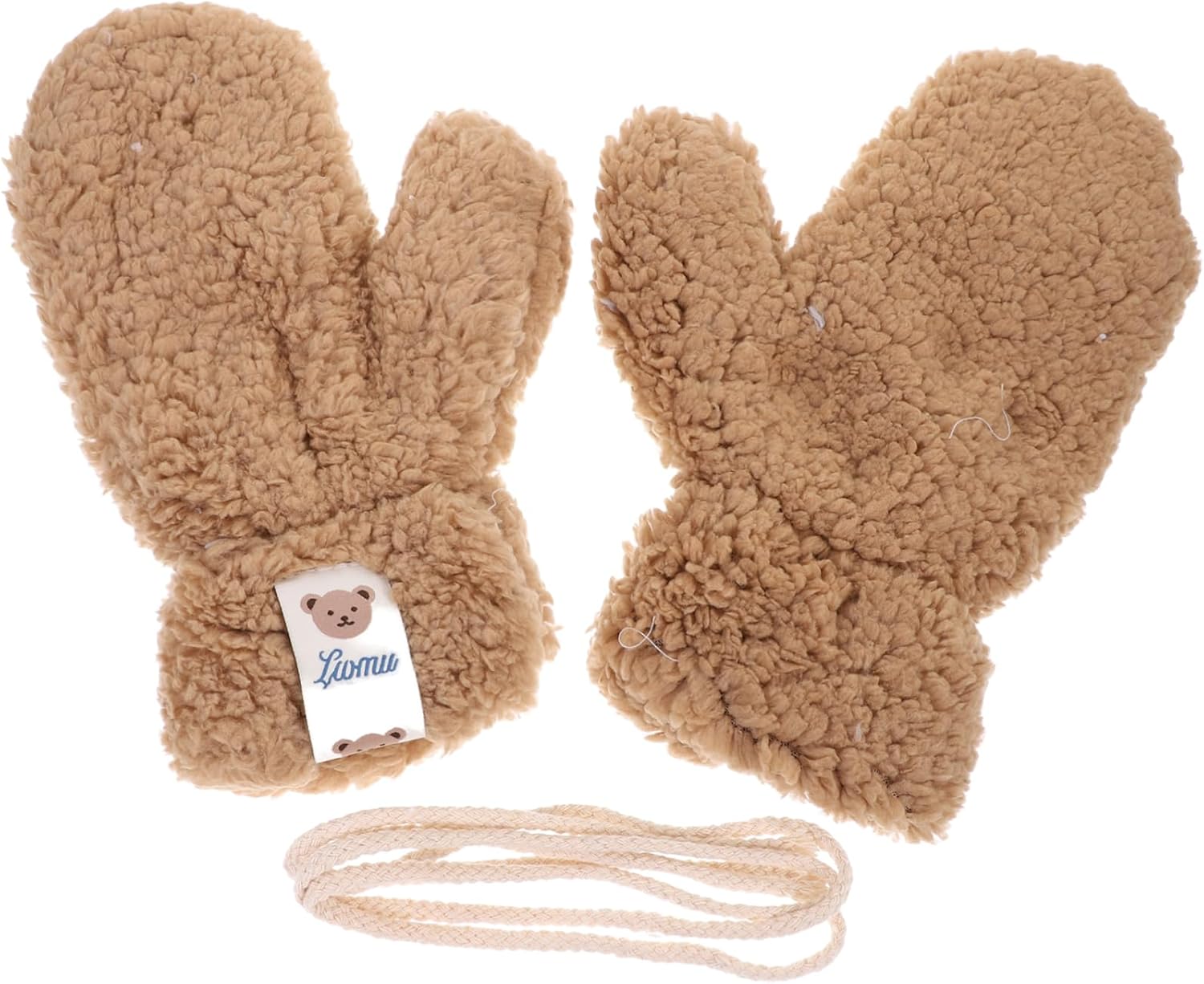 NIYANGLE Furry Girl Knitted Stretch Gloves for Cartoon Mittens in Khaki