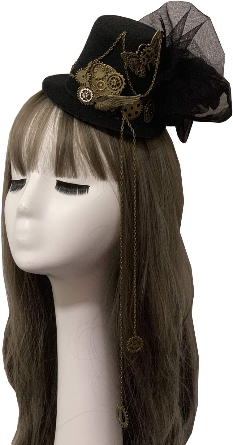 Punk Steampunk Womens Mini Top Hat Gears Black Hair Accessory