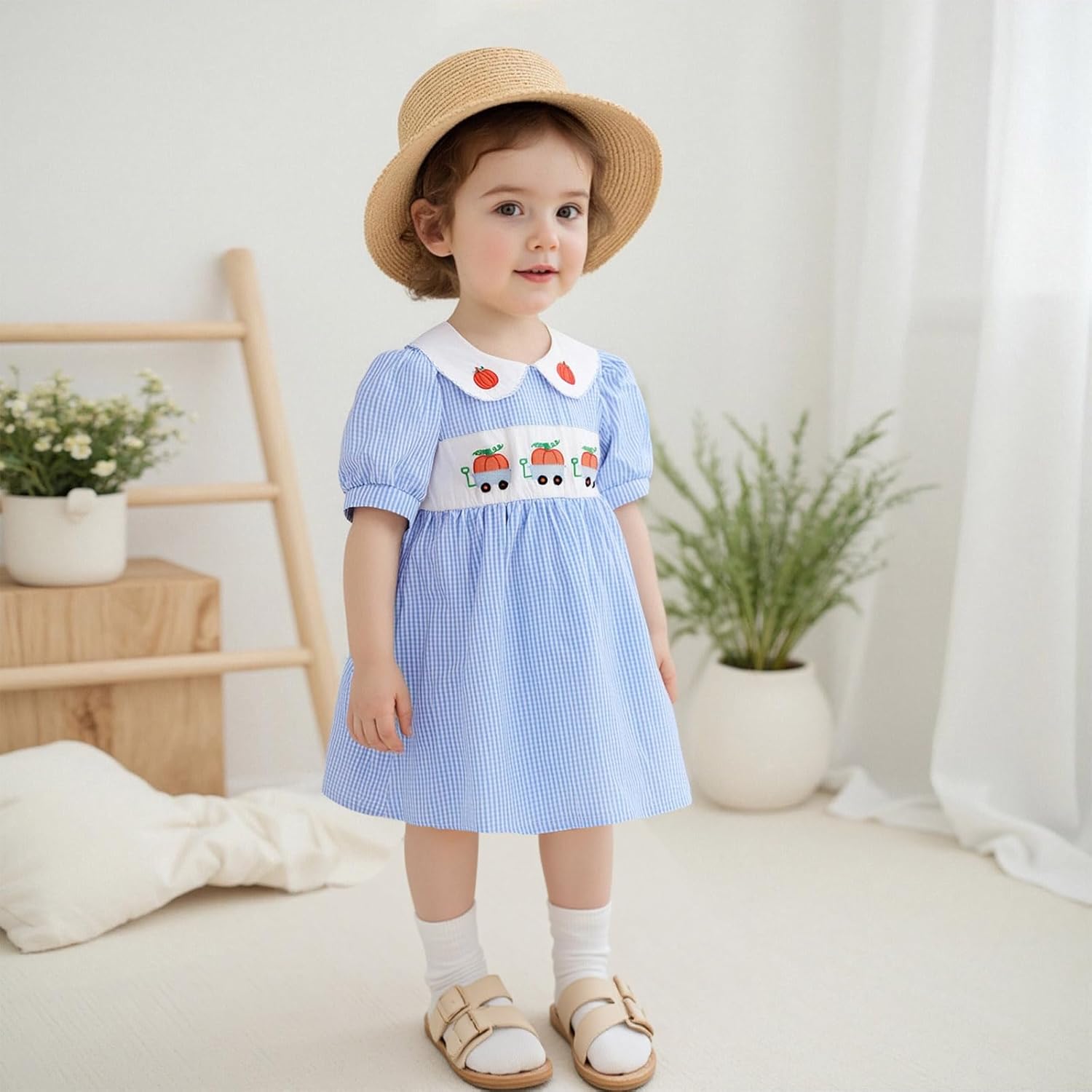 MCHAGIN Kids Baby Girls Short Sleeve Plaid Embroidery Dress