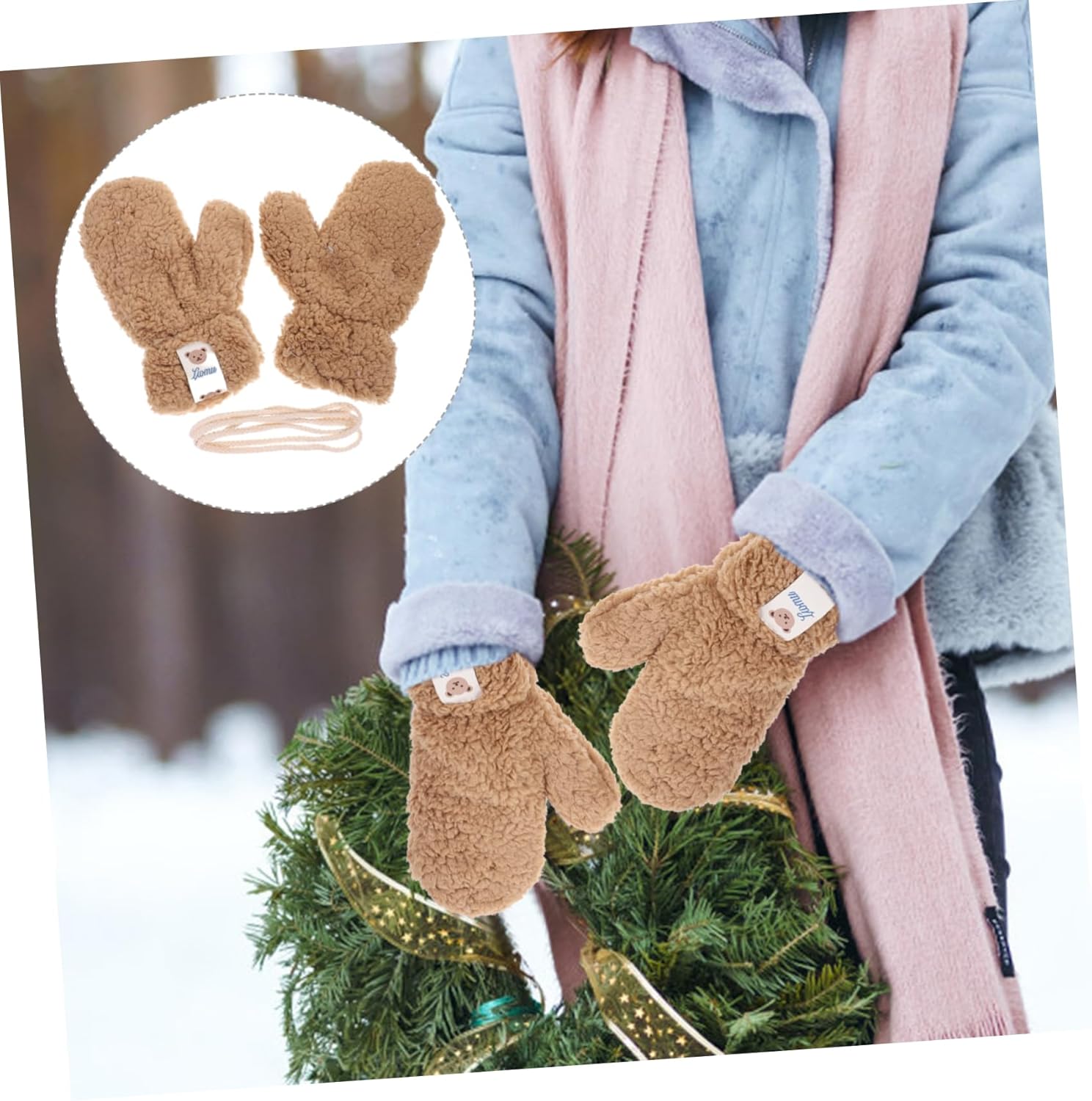 NIYANGLE Furry Girl Knitted Stretch Gloves for Cartoon Mittens in Khaki