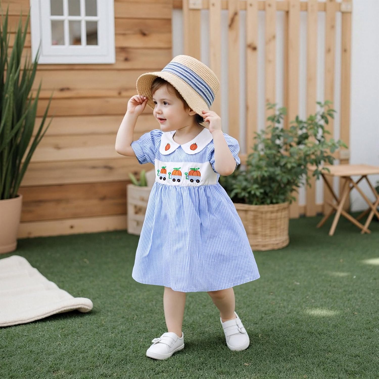 MCHAGIN Kids Baby Girls Short Sleeve Plaid Embroidery Dress