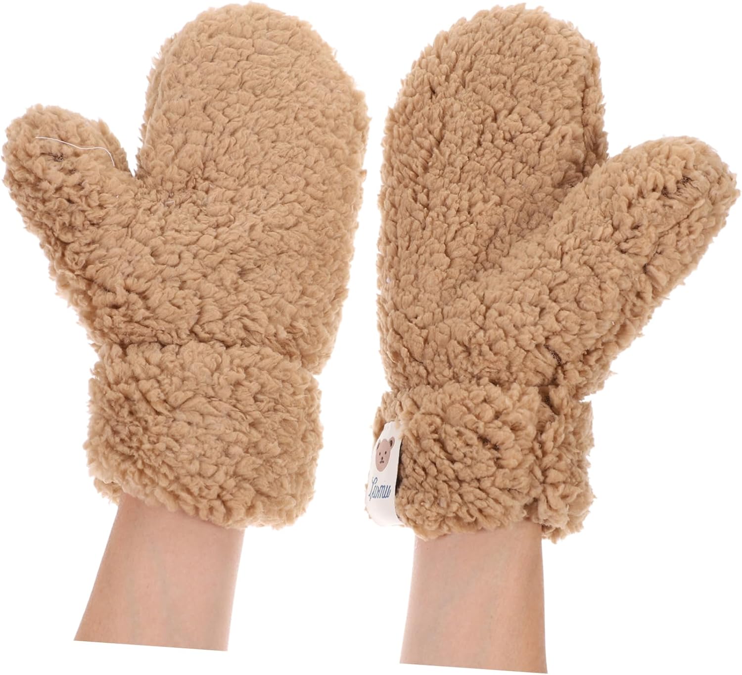 NIYANGLE Furry Girl Knitted Stretch Gloves for Cartoon Mittens in Khaki