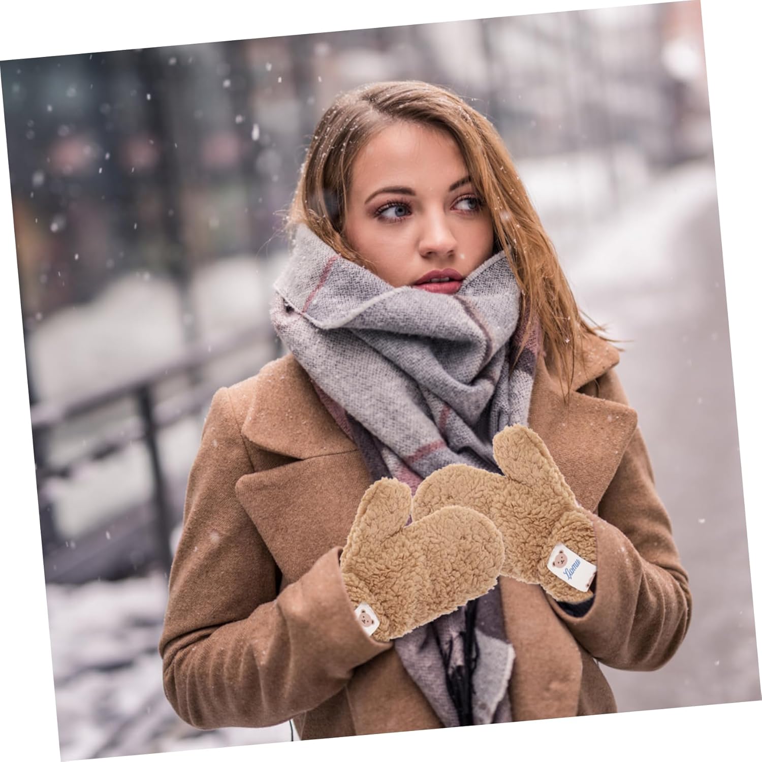 NIYANGLE Furry Girl Knitted Stretch Gloves for Cartoon Mittens in Khaki