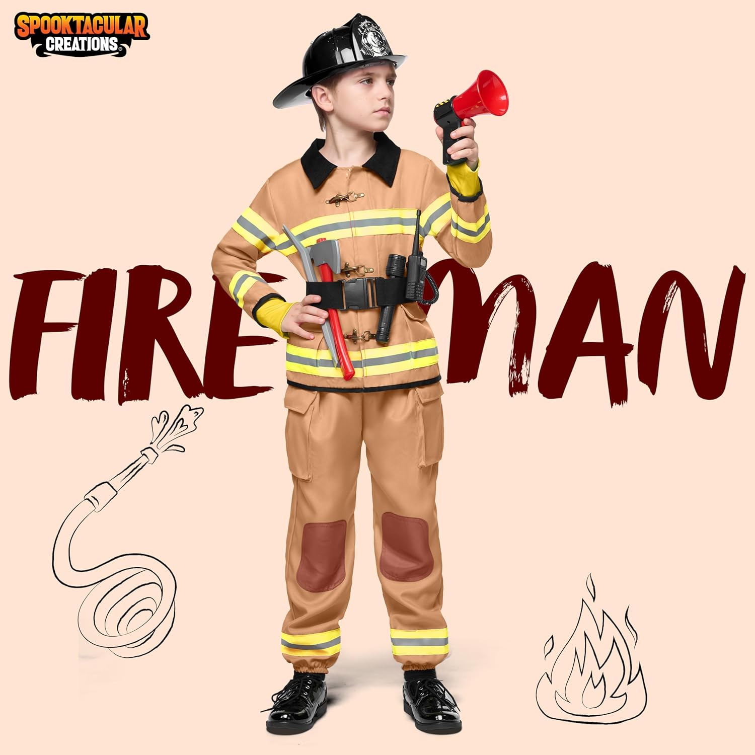 Spooktacular Boys Fireman Costume - Halloween Firefighter Kids Jumpsuit