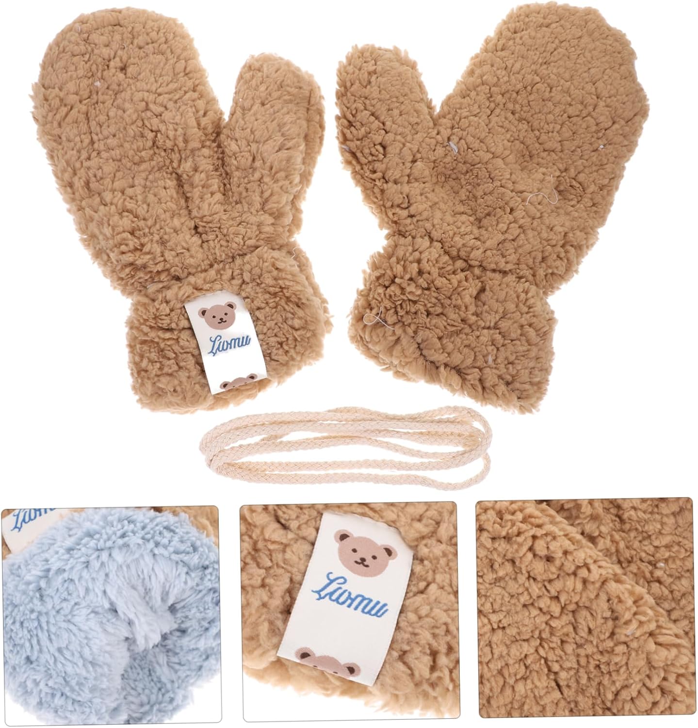 NIYANGLE Furry Girl Knitted Stretch Gloves for Cartoon Mittens in Khaki