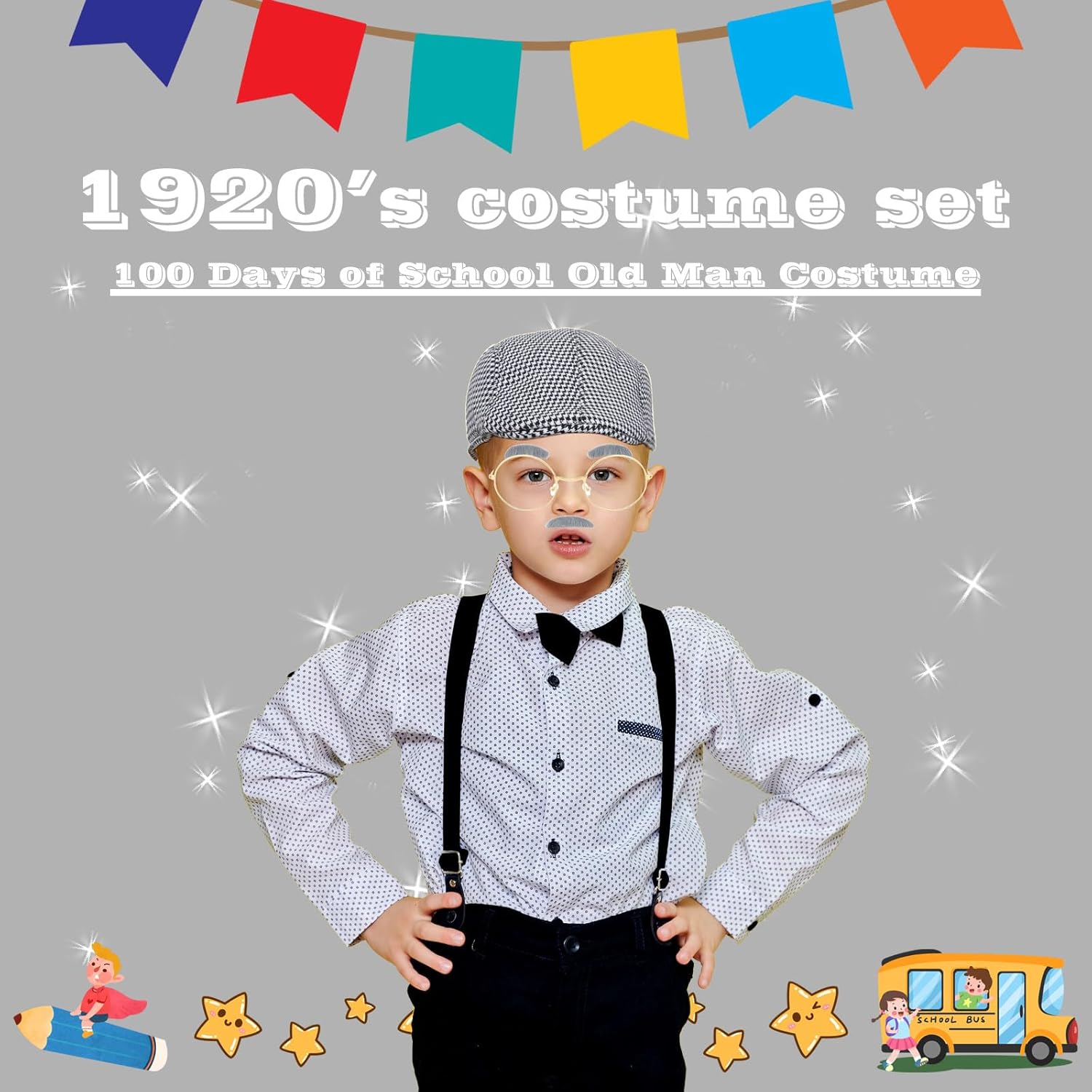 Kids 100 Day School Costume Set for Boys 1920s Grandpa Accessories
