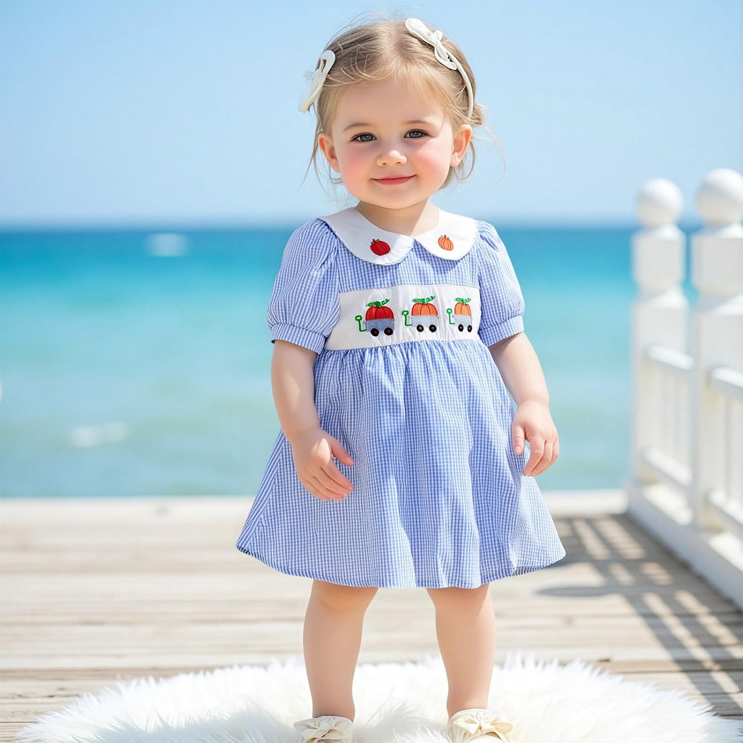 MCHAGIN Kids Baby Girls Short Sleeve Plaid Embroidery Dress