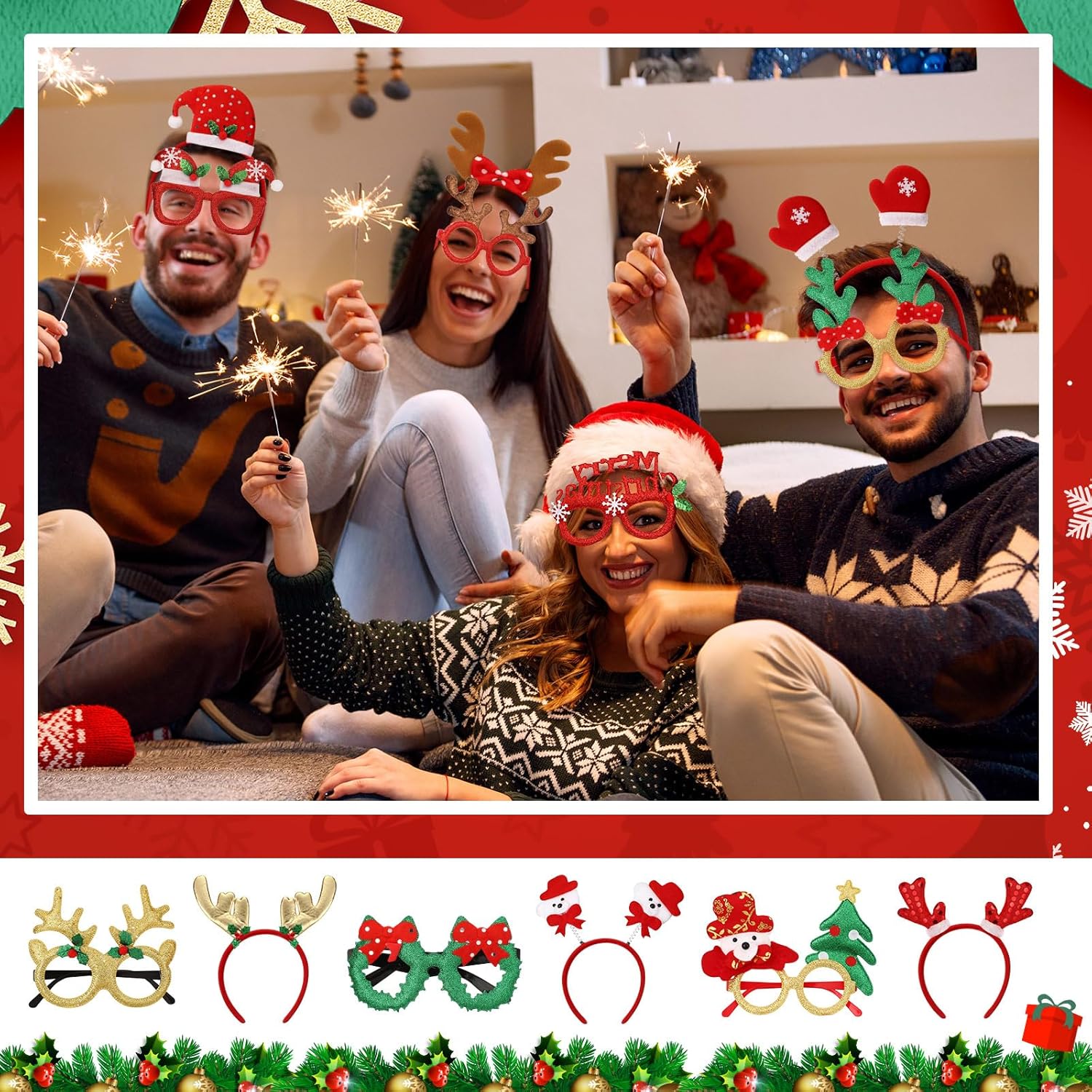 48-Piece Christmas Glasses Headbands Set for Kids - Variety of Christmas Themes