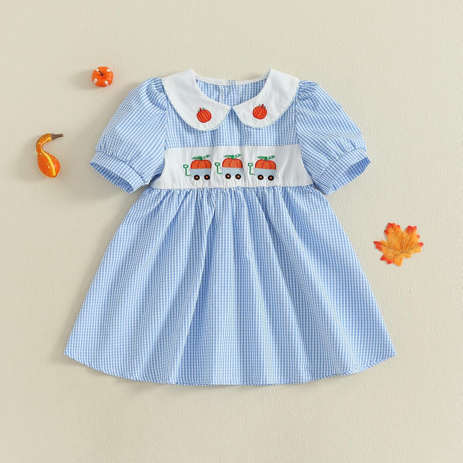 MCHAGIN Kids Baby Girls Short Sleeve Plaid Embroidery Dress