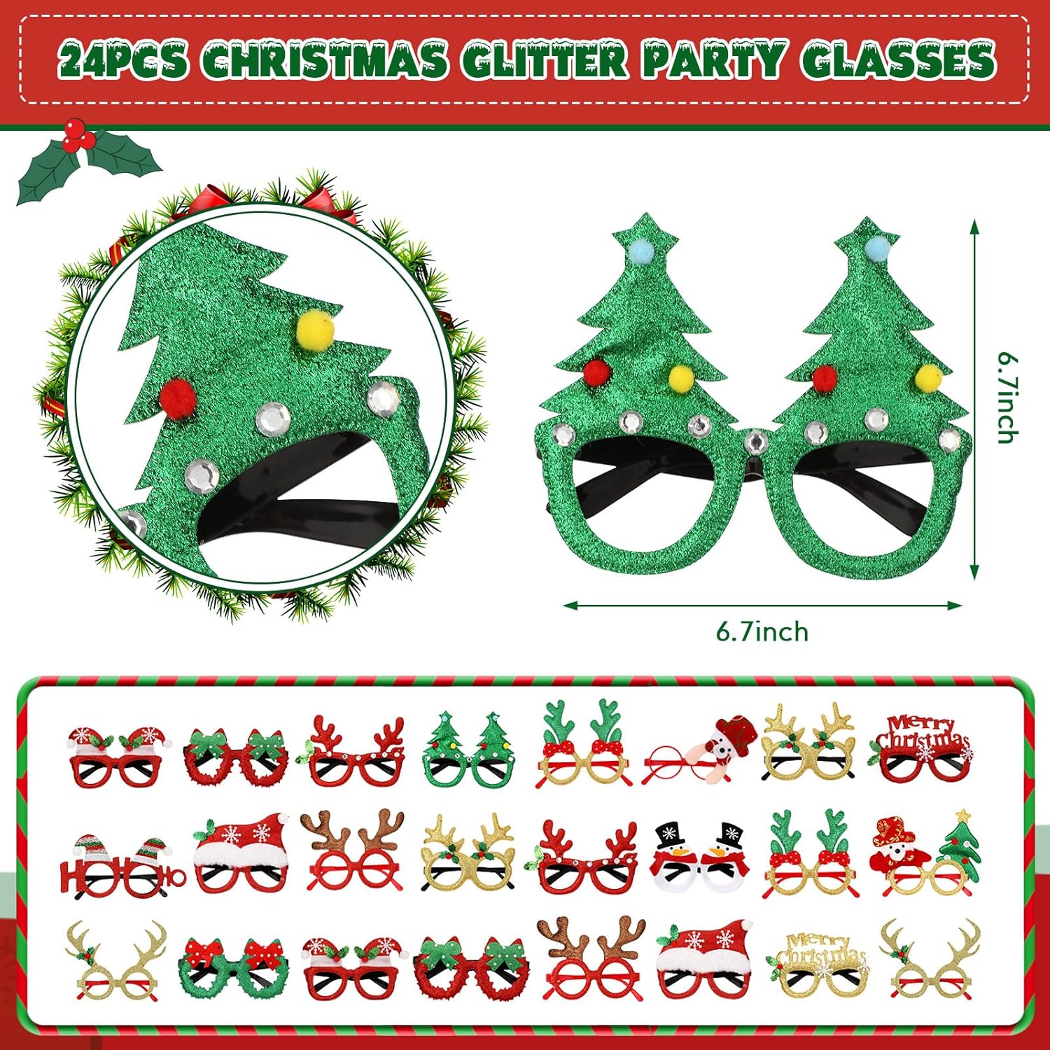 48-Piece Christmas Glasses Headbands Set for Kids - Variety of Christmas Themes