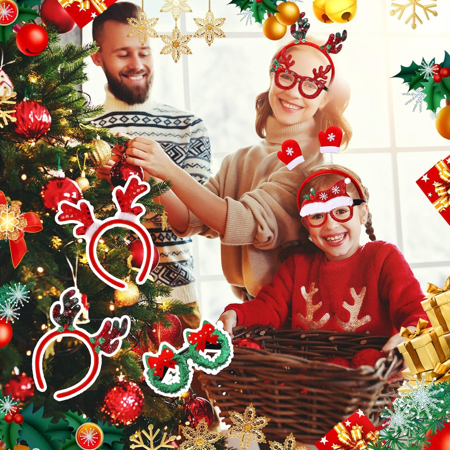 48-Piece Christmas Glasses Headbands Set for Kids - Variety of Christmas Themes