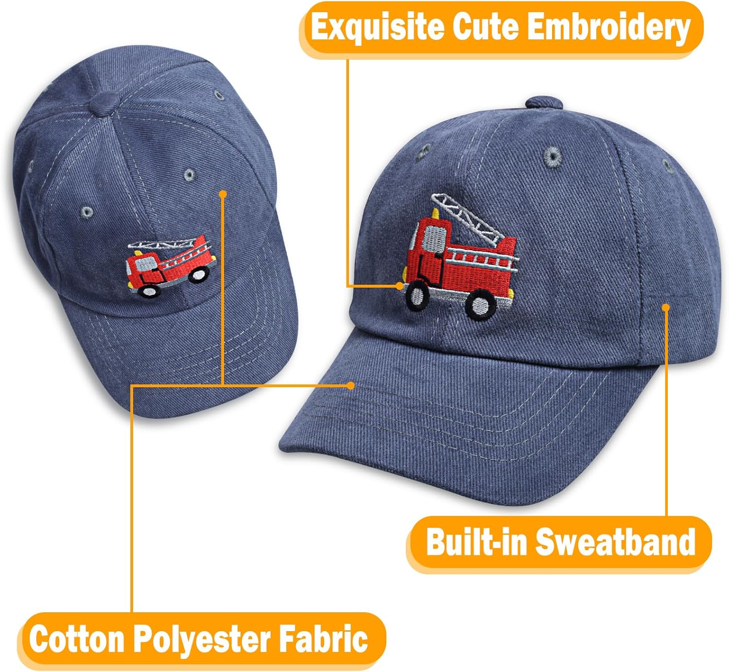 Cute Kids Baseball Cap with Fire Truck Embroidery