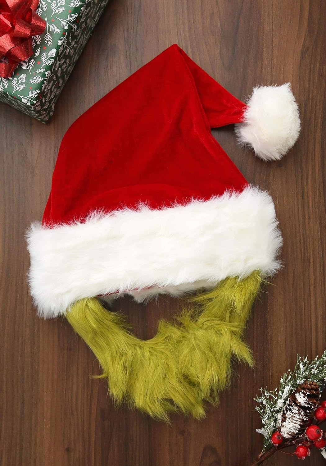 Adjustable Grinch Santa Hat with Fur beard